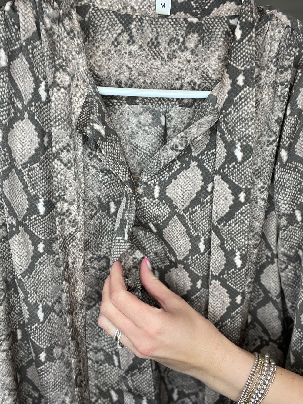 Stella & Dot Taupe and Brown Snake-Print Tie-Neck Blouse - Picture 6 of 16